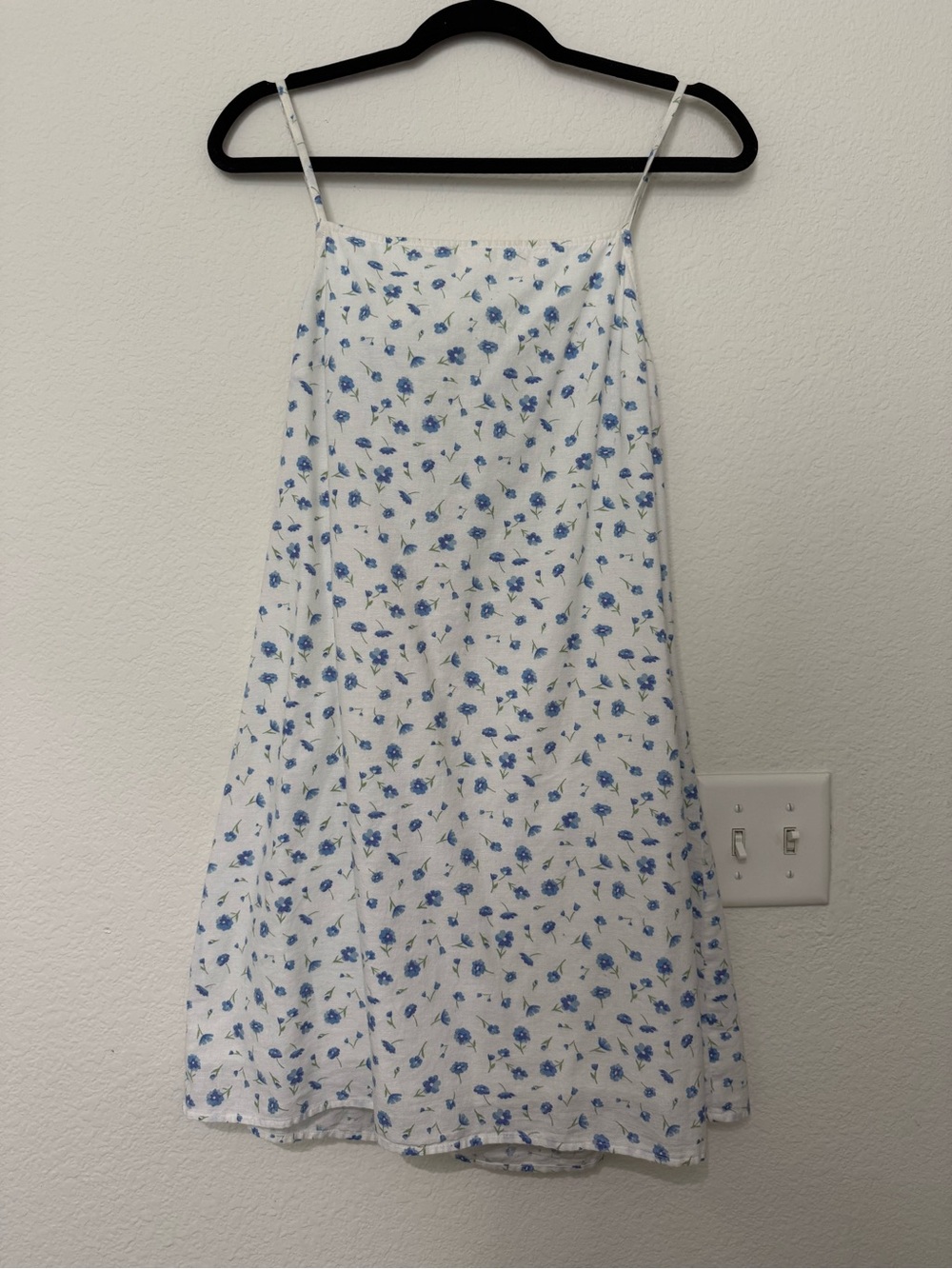 American Eagle Outfitters White Linen Blend A-Line Dress with Blue Floral Print